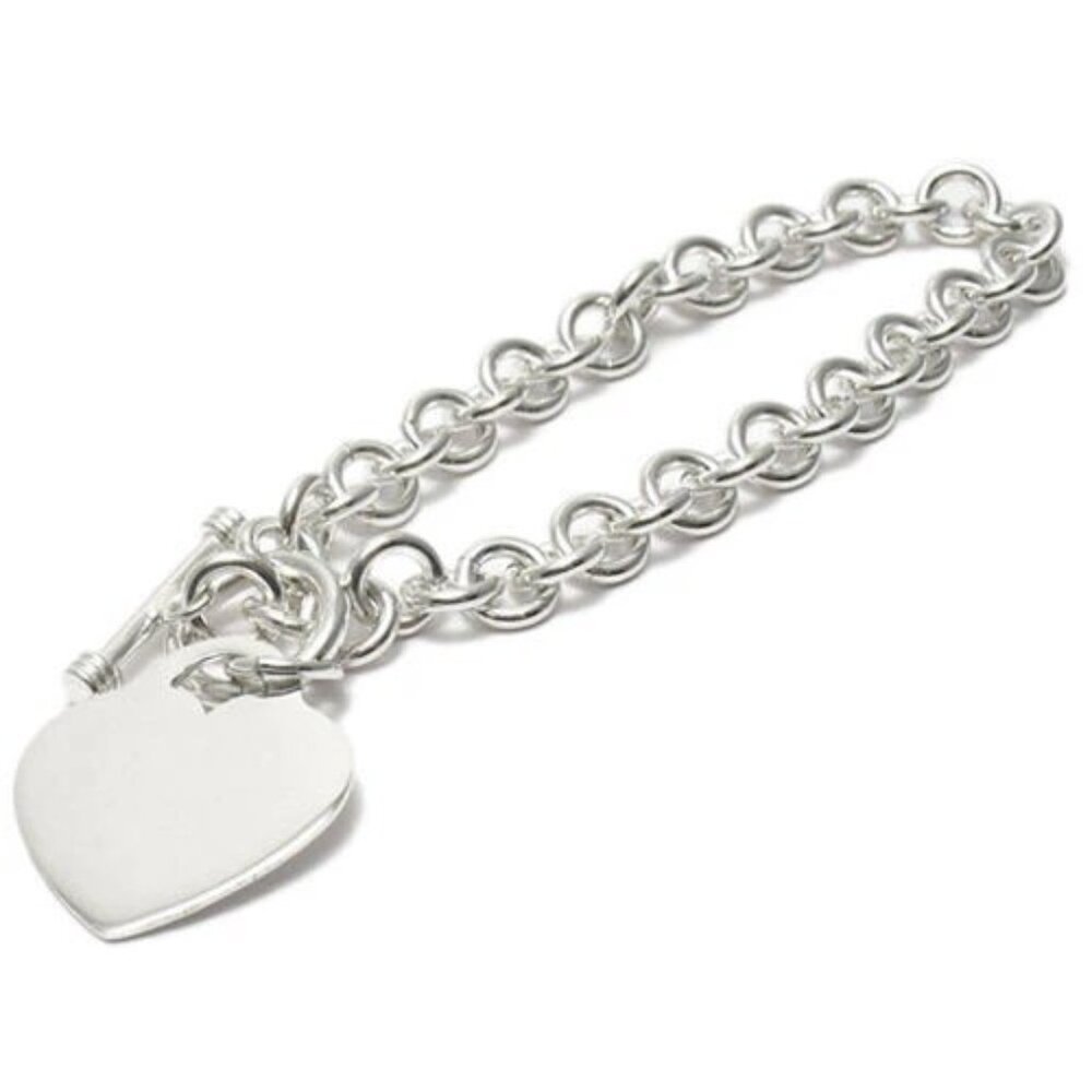 LOVELY ALPACA SILVER ENGRAVABLE HEART TAG LINK BRACELET TOGGLE CLASP - 8 INCH